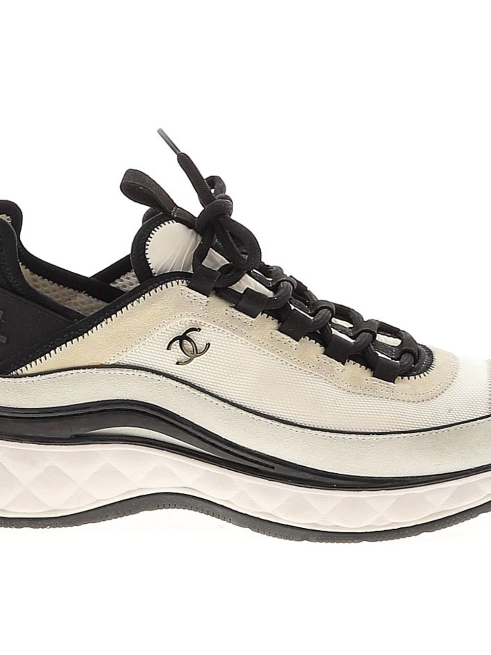 CHANEL Cream and Black Quilted-Trim Lace-Up Sneaker